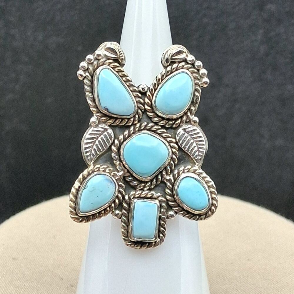 Big Sleeping Beauty Turquoise Cluster Ring Sz 6 Sterling Silver Southwestern